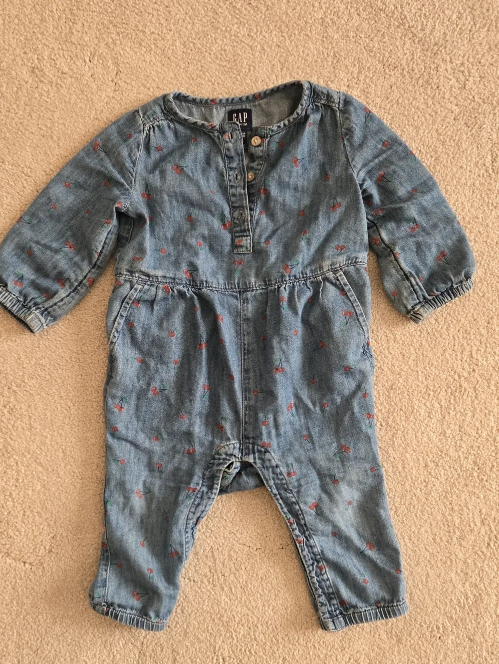 GAP Blue Denim Cherry Print Romper, Size 6-12M